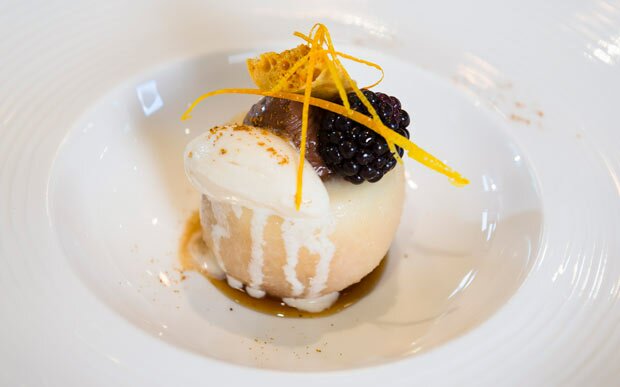 Autumn poached pear, chocolate mousse, honeycomb and chocolate stout ice cream